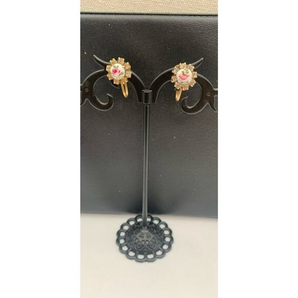 Vintage 50s Goldtone Guilloche Enamel Rose Rhinestone Floral Screw Back Earrings - Picture 4 of 6